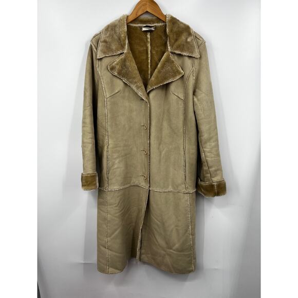 BRANDON THOMAS Womens Long Coat L Tan Suede Leather Faux Fur‎ Lining Ranch Boho - Picture 1 of 6